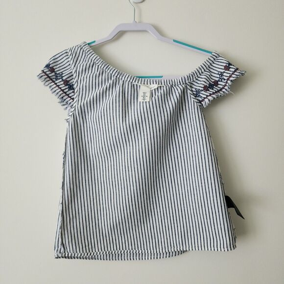 LOGG H&M One Shoulder Top Size 2 Linen Cotton White Blue Striped Embroidered - Picture 3 of 10